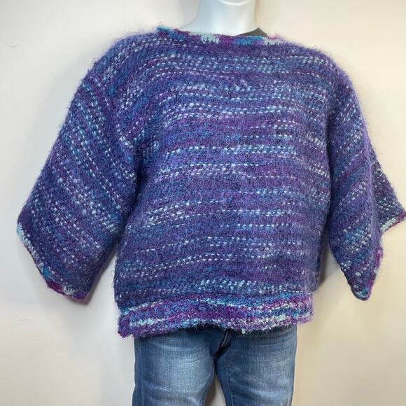 Vintage Handmade Wool Mohair Fuzzy Wide Sleeve Short Sweater Top Blue Purple - Picture 6 of 9